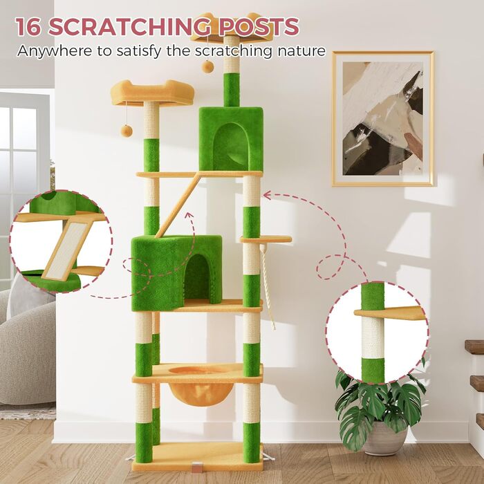 Великий котячий комплекс Kratzbaum 208 см з 3 анти-нахилом, 15 стовпчиками для дряпання, 2 платформами, 2 ховалами, 1 рампою для дряпання та гамаком. Стабільний котячий будиночок для великих котів (зелений + жовтий)