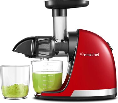 AMZCHEF Juicer for Vegetables and Fruits - Slow Juicer with Reverse-Chewing Function - Gentle Crushing without Filtering - Electric Juicer with Brush and 2 Cups - Rojo