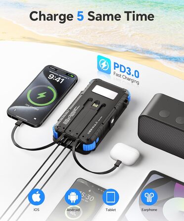 Powerbank Solar 26800mAh з USB-C, 5 виходів, водонепроникний, з карабіном та ліхтариком, для кемпінгу, телефонів та планшетів (блакитний)