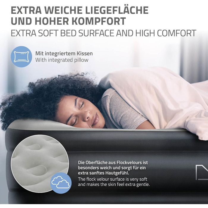 Надувна матрац 2 персони ML-Design 203x157x47 см сірий, сертифікат TÜV, самонадувний з електричною помпою 230V, для кемпінгу, гостьовий двоспальний матрац + сумка для перенесення сірий