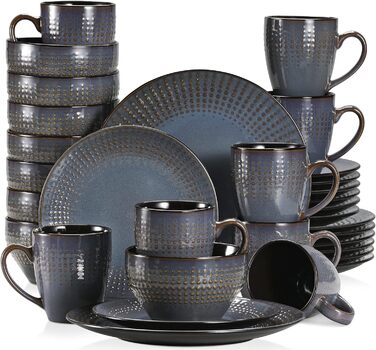 Stoneware Combination Service, vancasso GUTO Tableware Set, 32-piece Dinnerware Set with 8 Dinner Plates, Cake Plates, Bowls, and Cups each for 8 people