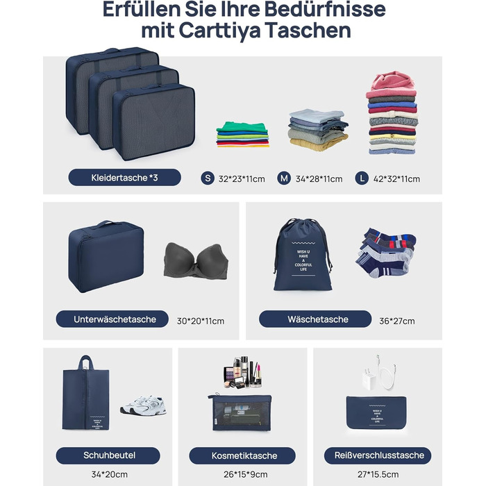 Органайзери для валізи Packing Cubes, 8 шт., водонепроникні, блакитні + косметичка