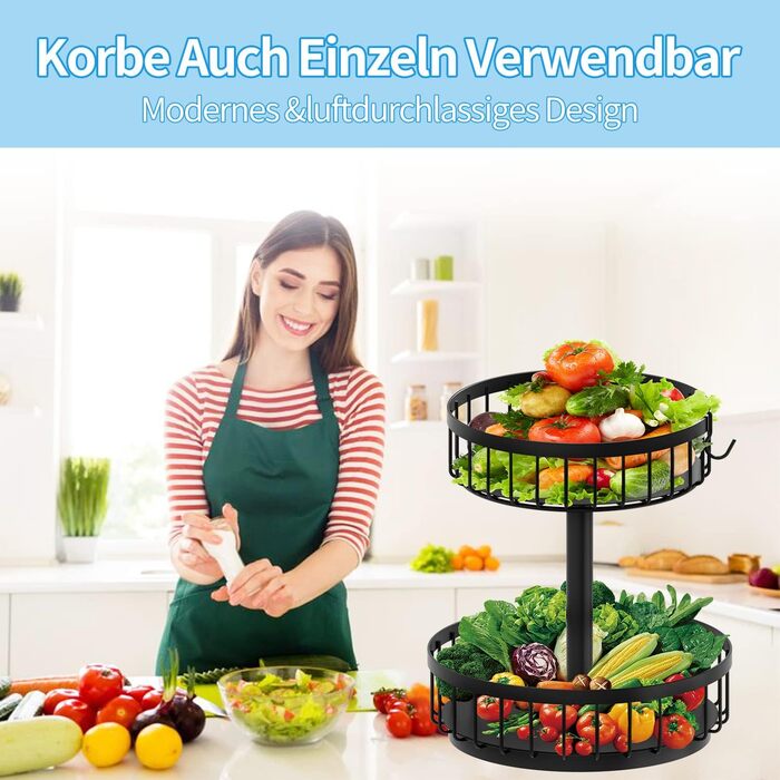 ZDDLOINP Обмежувач для фруктів та овочів, чорний, 2 яруси - органайзер для зберігання, велика фруктова корзина, етажерка для кухні, зберігає фрукти та овочі свіжими
