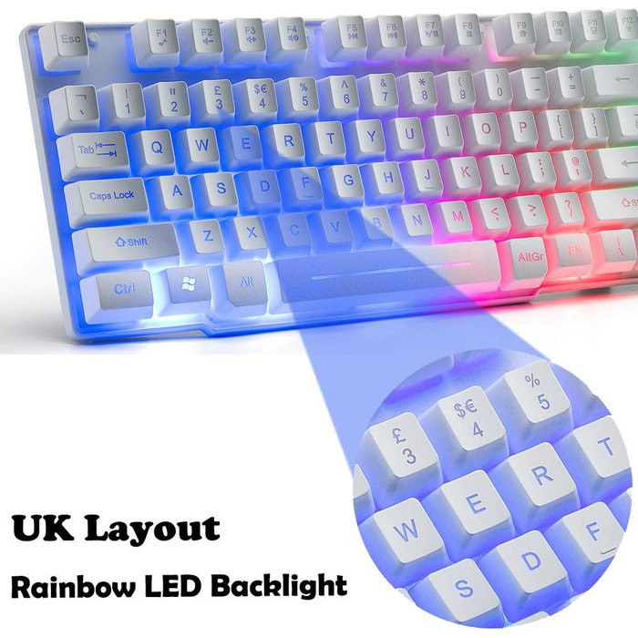 Ігровий набір клавіатури та миші UK-Layout 4-в-1 з підсвічуванням Rainbow, миша 2400 DPI, навушники, килимок для миші, для ПК (K&M-White)