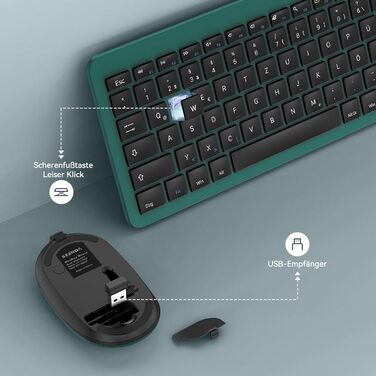 Бездротовий комплект клавіатури та миші Seenda SK38-3 Ultra-Dünne, Ergonomічна клавіатура з захистом від пилу, DE QWERTZ, чорний/зелений