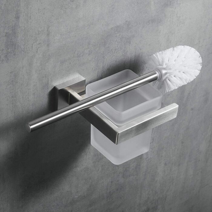 Toilet Brush and Holder Wall Brush Holder, Chrome, Toilet Brush Set Toilet Brush Set Made of 304 Stainless Steel and Frosted Glass for Bathroom (Brushed Nickel)