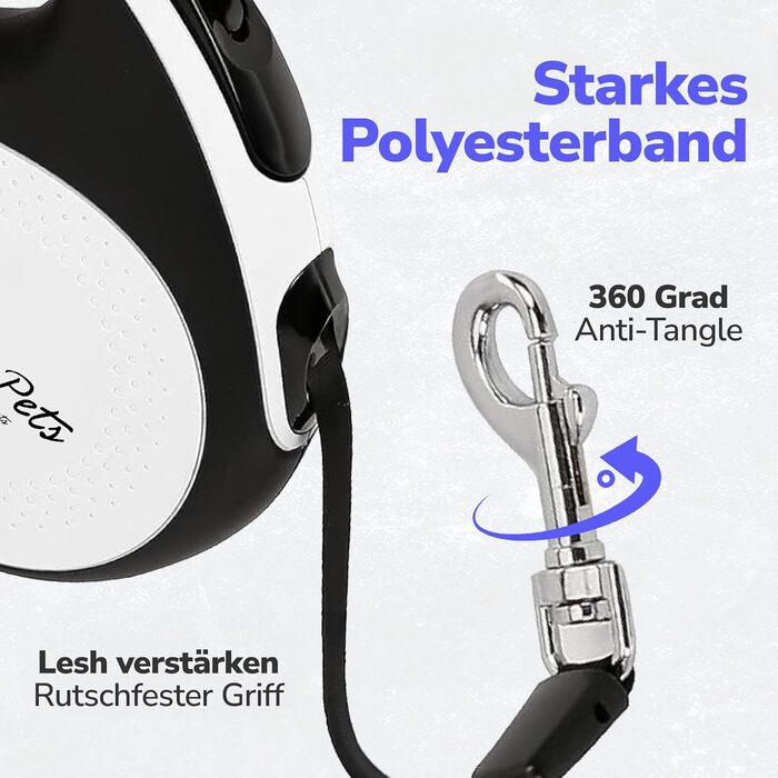 Рулетка для собак 5 м з тримачем для відходів – витяжна повідка для собак будь-якого розміру – повідка з нейлоновою стрічкою 360°, антиковзним руків'ям та кнопкою швидкого гальмування – повідка для собак до 30 кг
