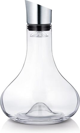 blomus -ALPHA- Glass Decanter, Comfortable & Drip-Free Pouring of Wine, Filter & Aeration, One-Hand Operation, Dishwasher Safe (H/W/D: 26.5 x 18 x 18 cm, Glass / Stainless Steel, 63570)