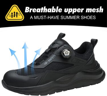 Робочі черевики чоловічі/жіночі, захисні черевики зі сталевою капами, легкі, неслизькі, дихаючі, водонепроникні, літні, чорні. Розмір 47 EU (відповідає 46.5 M105)