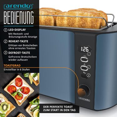 Набір чайник та тостер Arendo SET з нержавіючої сталі, блакитний. Чайник 1,5л, регулювання температури 40-100°C, тостер на 4 тости з LED-дисплеєм, 6 ступенів підсмажування та підставка для бургерів.