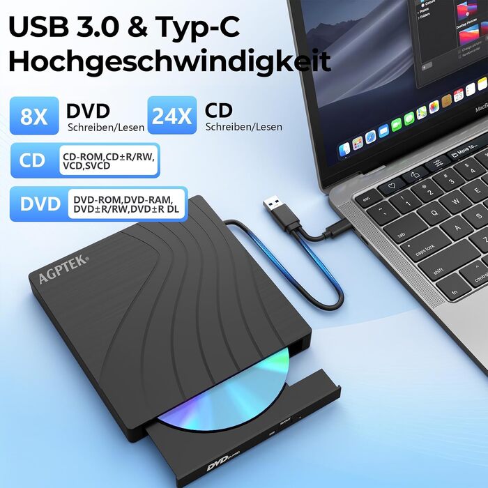 Зовнішній DVD-накопичувач AGPTEK USB 3.0 Slim CD/DVD-брунер з картридером TF/SD для ноутбука, MacBook, Windows, Linux, Mac OS
