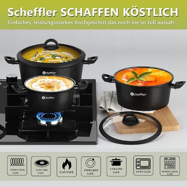 Набір каструль Scheffler 15 предметів з антипригарним покриттям для індукційних плит, чорний (HL-21PS102)