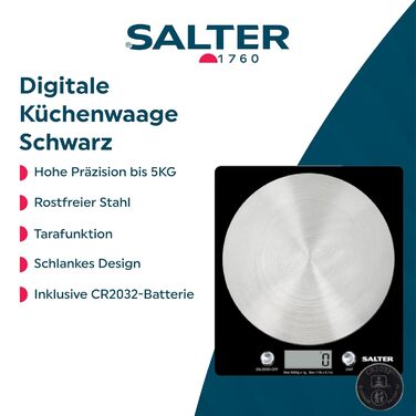 Кухонні ваги Salter 1036 BKSSDR: цифрові, 5 кг, з функцією тарування, нержавіюча сталь, LCD-дисплей, вимірювання рідин (ml/fl.oz)