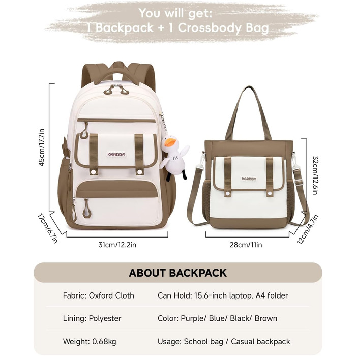 Шкільний рюкзак для дівчинки 2 в 1, для 3-7 класів, підлітковий, з сумкою через плече, 45 см, коричневий