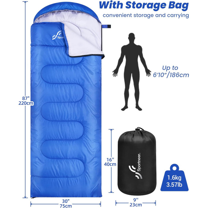Сплячий мішок Outdoor Sportneer для дорослих та дітей - легкий спальник для кемпінгу, походів, рюкзаків, 220x75 см, блакитний