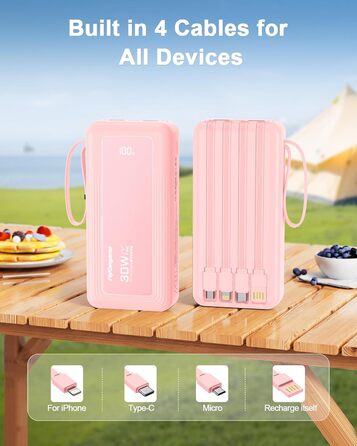 Повербанк 27000mAh з 4 вбудованими кабелями, 30W Power Bank USB-C швидка зарядка з LED-дисплеєм для iPhone, Samsung, iPad та Android, рожевий