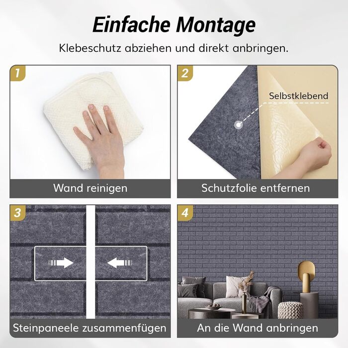 Акустичні панелі TONOR під цеглу самоклеючі, 18 шт. (30x30x0,9 см), звукопоглинаючі панелі для шумоізоляції та декору стін, темно-сірі