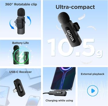 Мікрофон BOYA BY-V10 USB-C: Бездротовий мініатюрний мікрофон з шумозаглушенням для Android, смартфонів, ноутбуків, YouTube, подкастів, Facebook, Vlogging