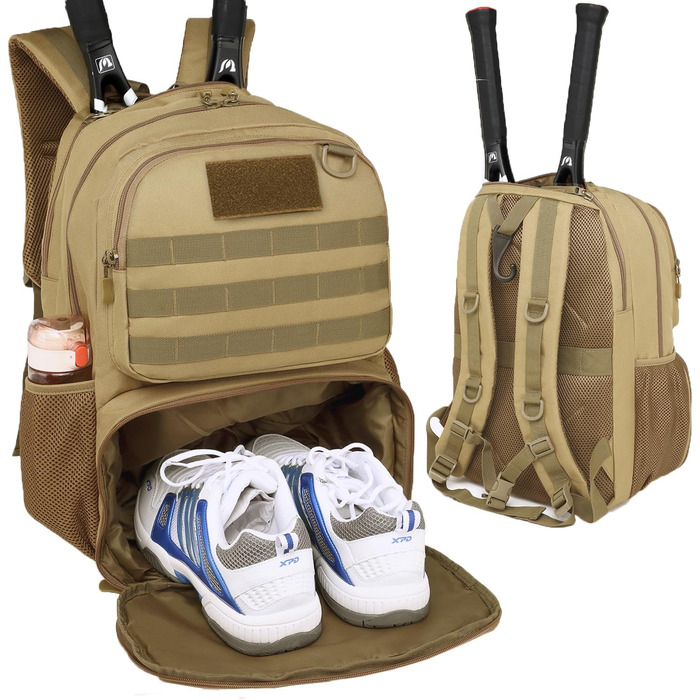 BlesMaller Tactical Tennis Backpack with Shoe Compartment & Racket Protection - Unisex Tennis Bag (Brown)