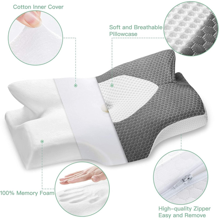 Ортопедична подушка Elviros з memory foam для тих, хто спить на боці, з підтримкою шиї, проти болю в шиї та плечах, 64 x 12,5/10,5 x 38 см, темно-сіра