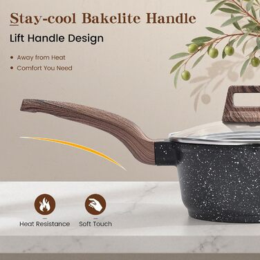 Набір посуду для індукційної плити 13 предметів з антипригарним покриттям, гранітний чорний, з кришками. Без PFOA, PTFE, PFOS