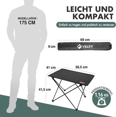 Стіл для кемпінгу VILLEY складний, з алюмінію та Оксфордської тканини, 25 кг, з сумкою, для відпочинку на природі, кухні та риболовлі, чорний