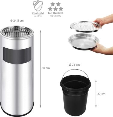 WELLGRO Standaschenbecher з нержавіючої сталі 2в1 для вулиці: попільничка та сміттєвий бак. Великий попільничник для тераси, входу, кафе та ресторанів (сріблястий)