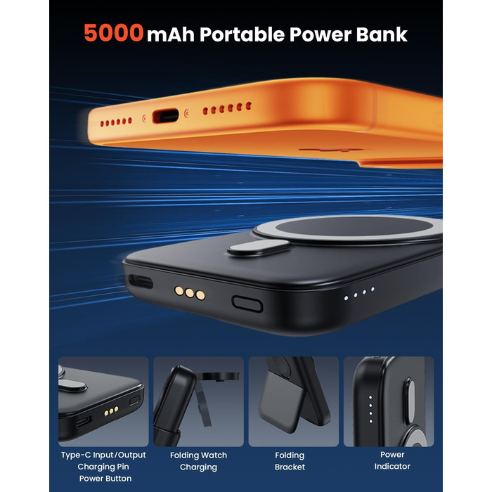 GEEKERA 3-в-1 Магнітна бездротова зарядка Powerbank 5000mAh: для iPhone 12-17, Apple Watch, AirPods, Samsung Galaxy - Чорний