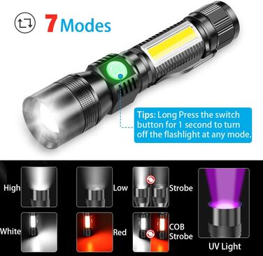 Karrong LED ліхтарик USB з магнітом, ультрафіолетовий 395 нм, 7 режимів, червоне світло, акумулятор, для кемпінгу та туризму, 2 шт.