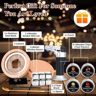 Набір для копчення коктейлів та віскі MKNZOME: 4 коптящі насадки, тирса, аксесуар для віскі та коктейлів, подарунок для чоловіків