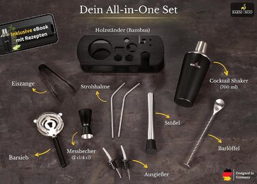 BARMINGO Stainless Steel Cocktail Set - 11 Piece Cocktail Shaker Set with Stand & Bar Accessories | Bartender Set | Cocktail Mixing Set | Bar Set | Gift Set | Black & Silver