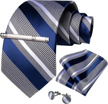Набір краваток чоловічий DiBanGu з шовковим смугастим та клітинчастим візерунком, з нагрудною хустинкою, краватковою застібкою та манжетонами, для весілля та офіційних заходів (синій та сірий)