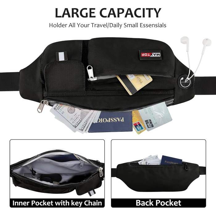 Чоловіча/Жіноча поясна сумка Maxtop Bauchtasche - водонепроникна, для подорожей, фітнесу, бігу, тренувань (чорна)