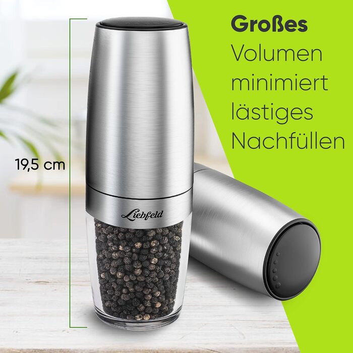 Електричні млини для солі та перцю Liebfeld (2 шт.) з датчиком нахилу - набір з нержавіючої сталі з керамічним жорном
