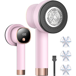 Електричний видалення ворсу з LED-дисплеєм - 6 лез з нержавіючої сталі, 3 швидкості, USB-зарядка. Підходить для одягу, светрів, ворсу на диванах та постільній білизні (білий, рожевий)