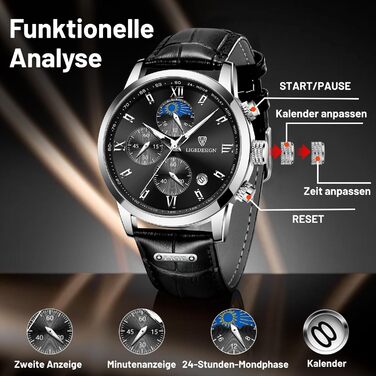 Годинник чоловічий LIGE, Хронограф, Аналоговий кварц, Ремінець зі шкіри, Календар, Світлодіодне підсвічування, Водостійкий 3ATM, Чоловічий годинник для бізнесу та відпочинку, Чорний