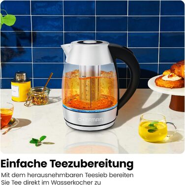 Chefman Electric Glass Kettle - 1.8L with Temperature Control, Stainless Steel, Removable Infuser, Auto Shutoff, LED Display, Silver - Tea Kettle