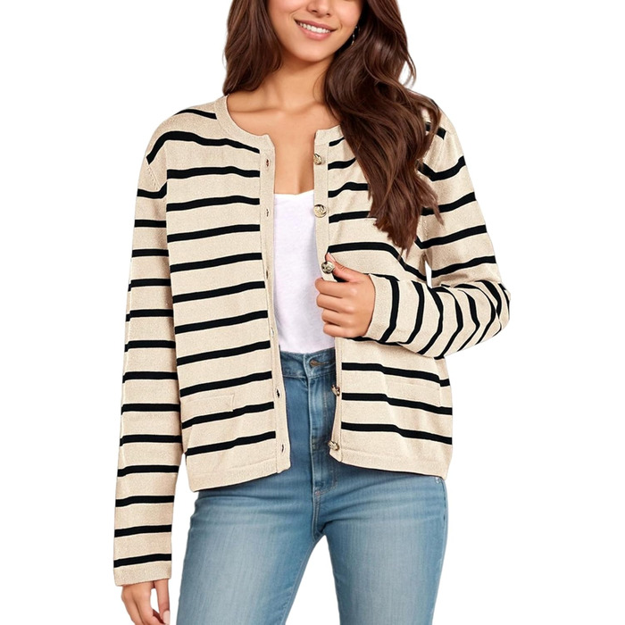 Жіноча коротка в'язана жилетка з двома кишенями на ґудзиках, смугаста, повсякденний осінній кардиган з круглим вирізом, модний в'язаний пуловер (L, Абрикосовий)