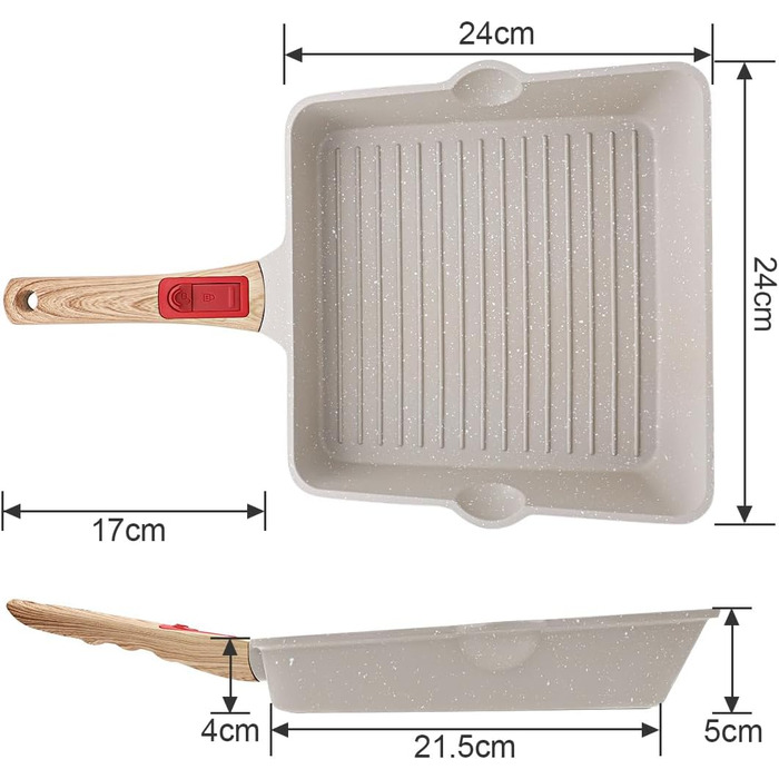 Сковорідка гриль 24x24 см з знімною ручкою, алюмінієва антипригарна сковорода для стейків, підходить для посудомийної машини та духовки (біла) 24 см