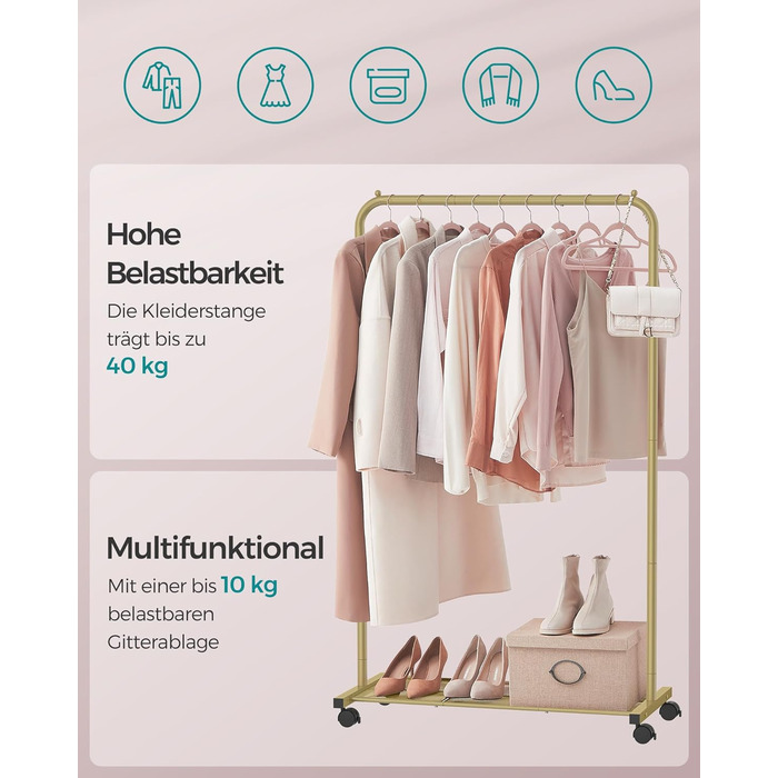 SONGMICS Clothes Rack, Rolling Garment Rack, Metal Clothes Stand, Rolling Wardrobe 91 cm wide, with Shelf, 2 Wheels with Brake, Rod Loadable up to 40 kg, Gold HSR025A01