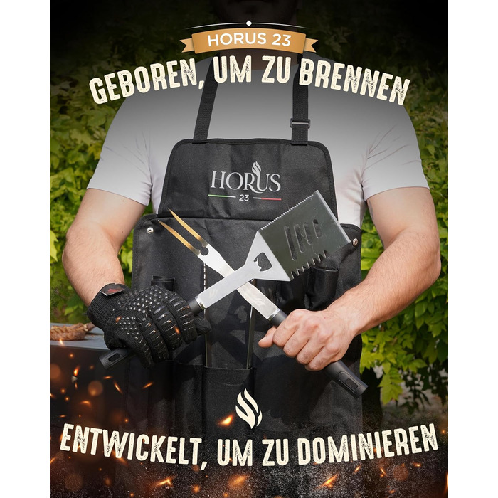 HORUS 23 Набір гриля з аксесуарами з нержавіючої сталі: щитківка, рукавиці для захисту від тепла, килимок для гриля - подарунок для чоловіків