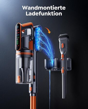 Бездротовий пилосос Fieety з акумулятором, 600W, 50kPa, 65 хв роботи, док-станція на стіні, ароматерапія, автоматичний режим, сенсорний дисплей, висувний шланг 1 м для твердих поверхонь, килимів, шерсті тварин та авто