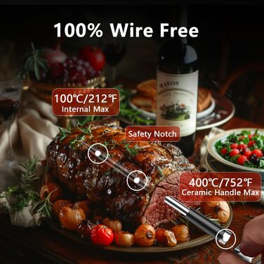 BFOUR Wireless Meat Thermometer Grill Thermometer Bluetooth with App, IP67 Waterproof Core Temperature Probe, Large Display Roasting Thermometer, App Control, for Grill, Oven, Rotisserie (Green)