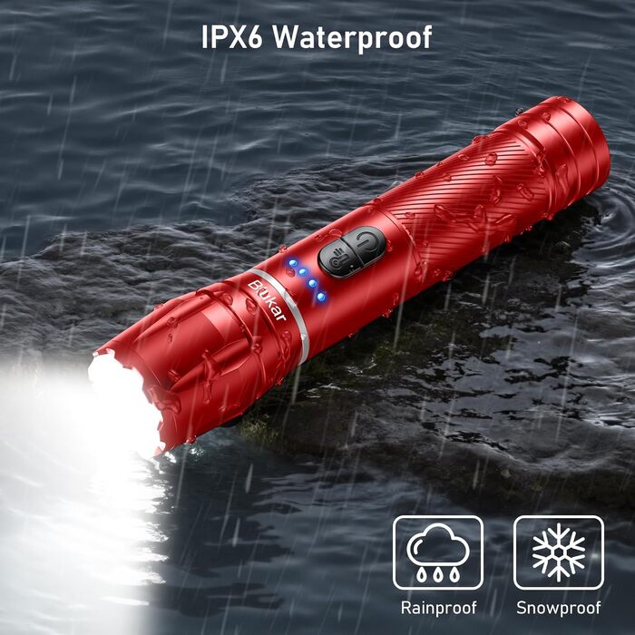 LED ліхтарик Blukar з регулюванням температури світла, 2000 люмен, зум, 10 режимів, вологостійкий, для кемпінгу та активного відпочинку (червоний)