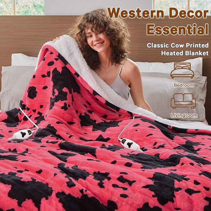 Електрична грілка з принтом корів, подвійний розмір 157x213 см, фіолетовий колір, 10 режимів нагріву, автоматичне вимкнення через 8 годин, флісова/шерпа, для жінок, подарунок