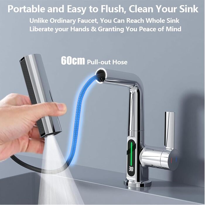 Кран кухонний з витяжною лійкою, 3 режими, LED-індикатор температури, однорідний змішувач, поворот на 360°, кран для мийки, кран кухонний, високий тиск, регульована висота (хром)