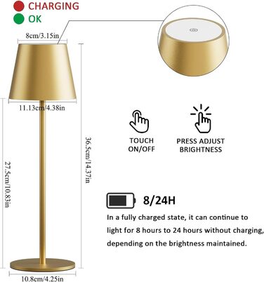 LED настільна лампа K-Bright з регулюванням яскравості, акумуляторна, бездротова, 3000K/4000K/6000K, 3 колірні температури, USB-C, IP54, чорна