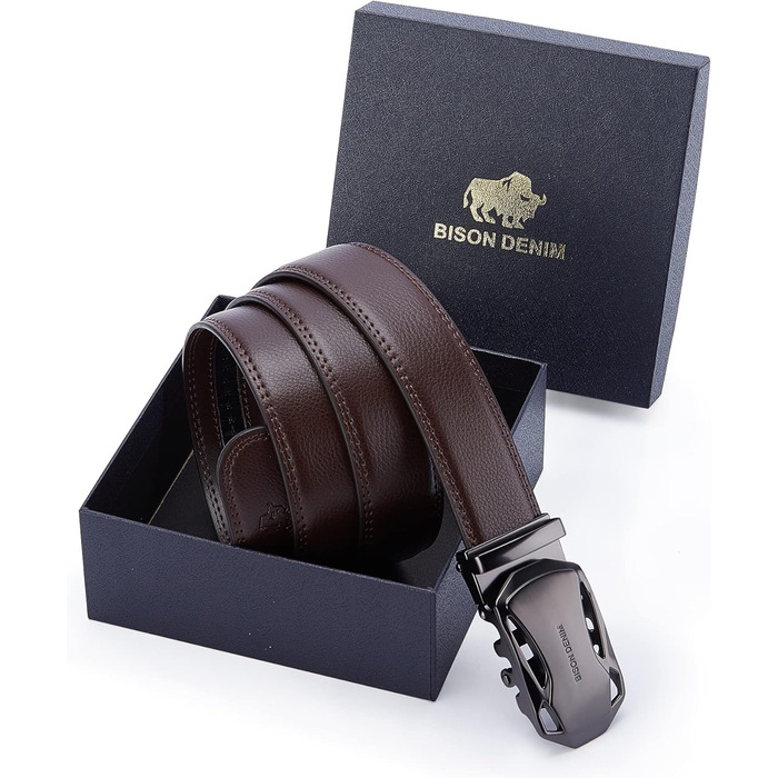 Чоловічий шкіряний ремінь BISON DENIM з автоматичною застібкою-ратом - для бізнесу та ділових костюмів, ширина 35 мм, колір кавовий, артикул N71287