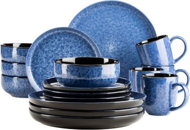 MÄSER Filippa: 16-Piece Ceramic Dinner Set for 4 - Modern Blue & Black Reactive Glaze Stoneware