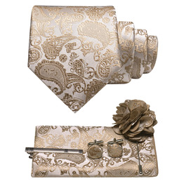 Набір краваток JEMYGINS для чоловіків: краватка з візерунком павароччі, нагрудна хустинка, краваткотримач, брош і запонки (хакі)